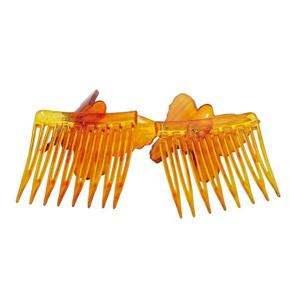 Vintage Amber Celluloid Butterfly Hair Combs, Made in USA – 1940s Factory-Split - Picture 8 of 8